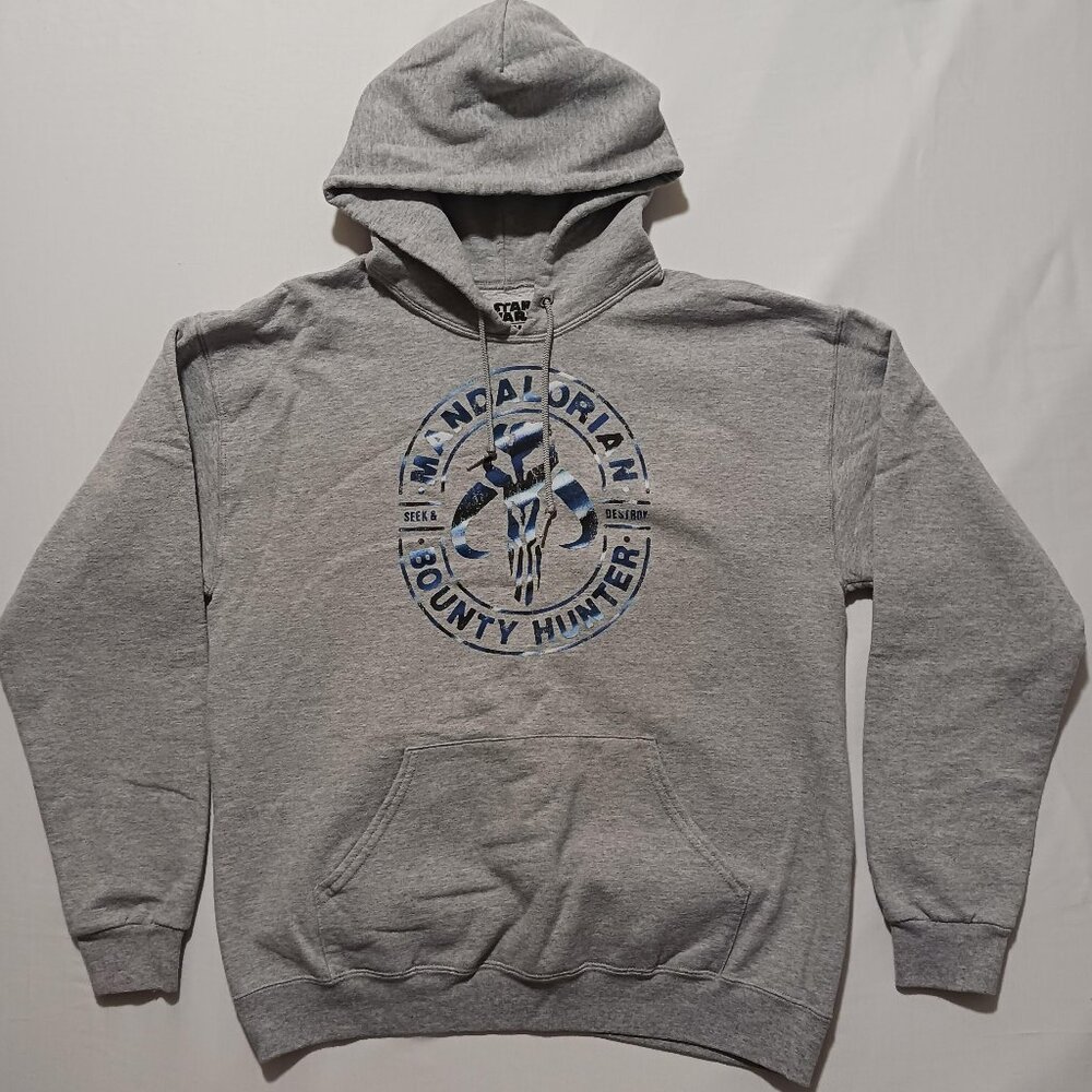 Star Wars Mandalorian Bounty Hunter Seek and Destroy Grey Hoodie Men's Large
